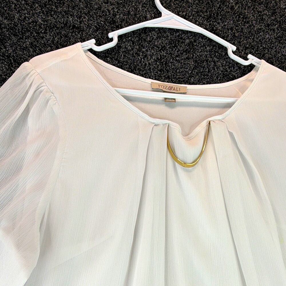Roz & Ali Women's White Pleated Metal Ring Blouse 3/4 Sleeve Round Neck 1X